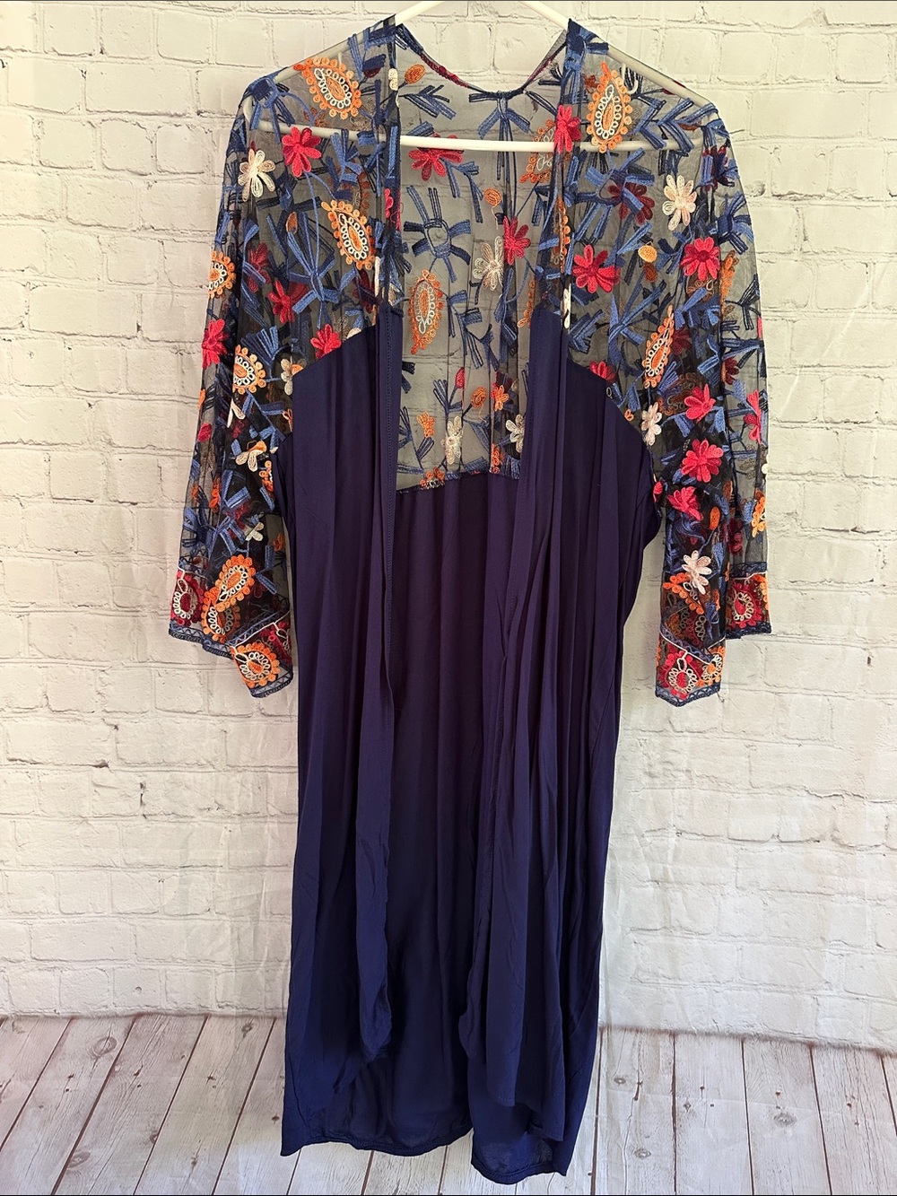 Embroidered Navy Boho Open Kimono